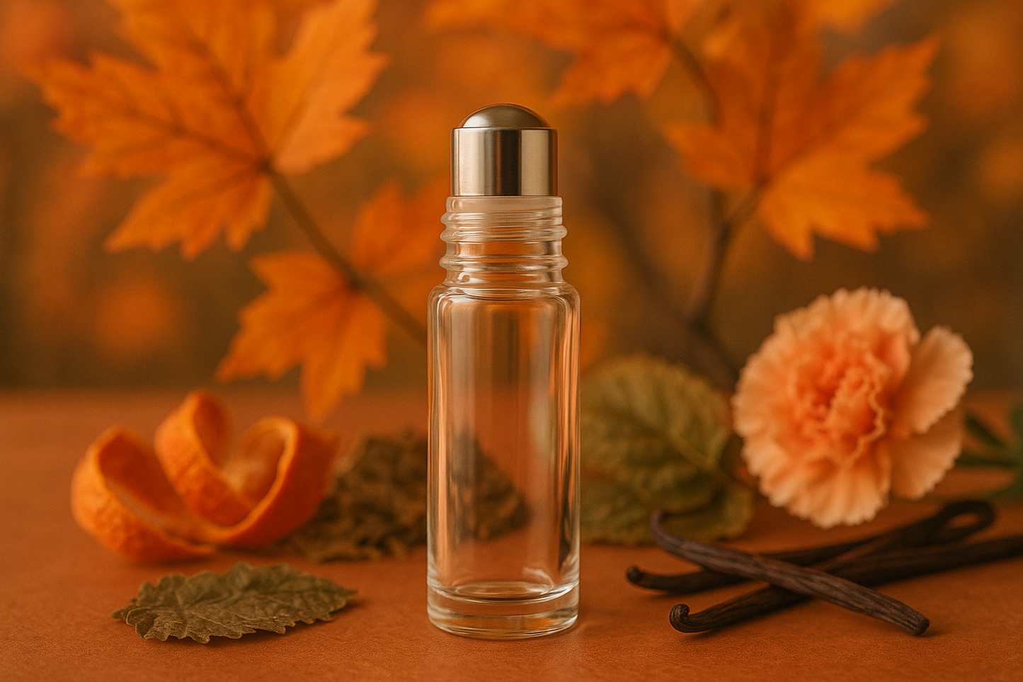 clear roll on essential oil bottle with autumn leaves orange peel patchoouli leaves vanillia sticks carnation in the background