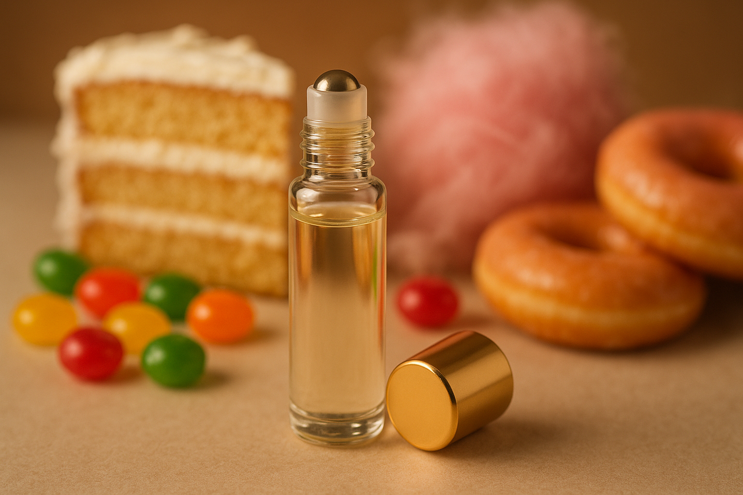 clear Roll on essential oil bottle with sweets such as slice of cake, candy, cotton candy donuts in the background