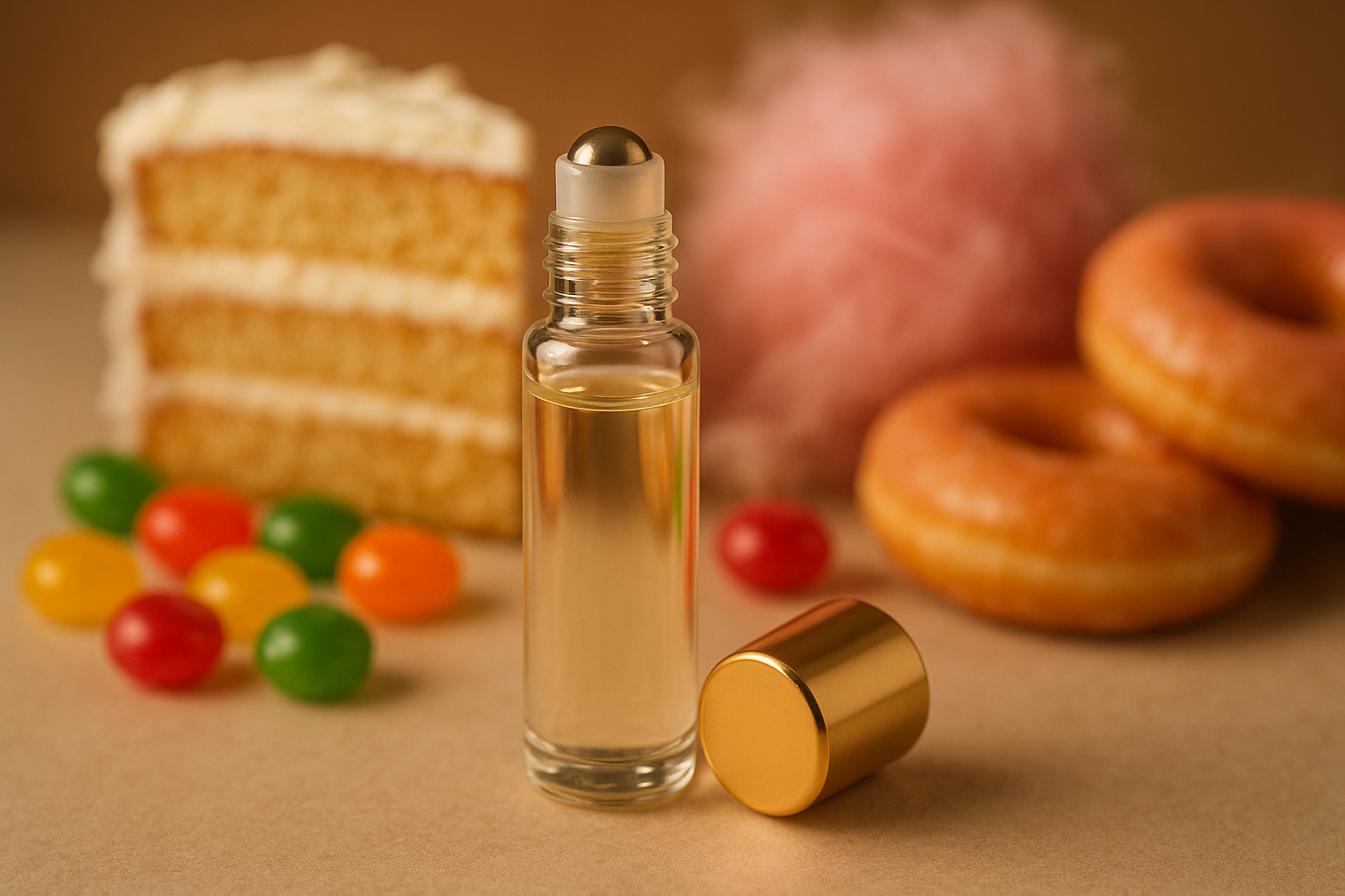 clear Roll on essential oil bottle with sweets such as slice of cake, candy, cotton candy donuts in the background
